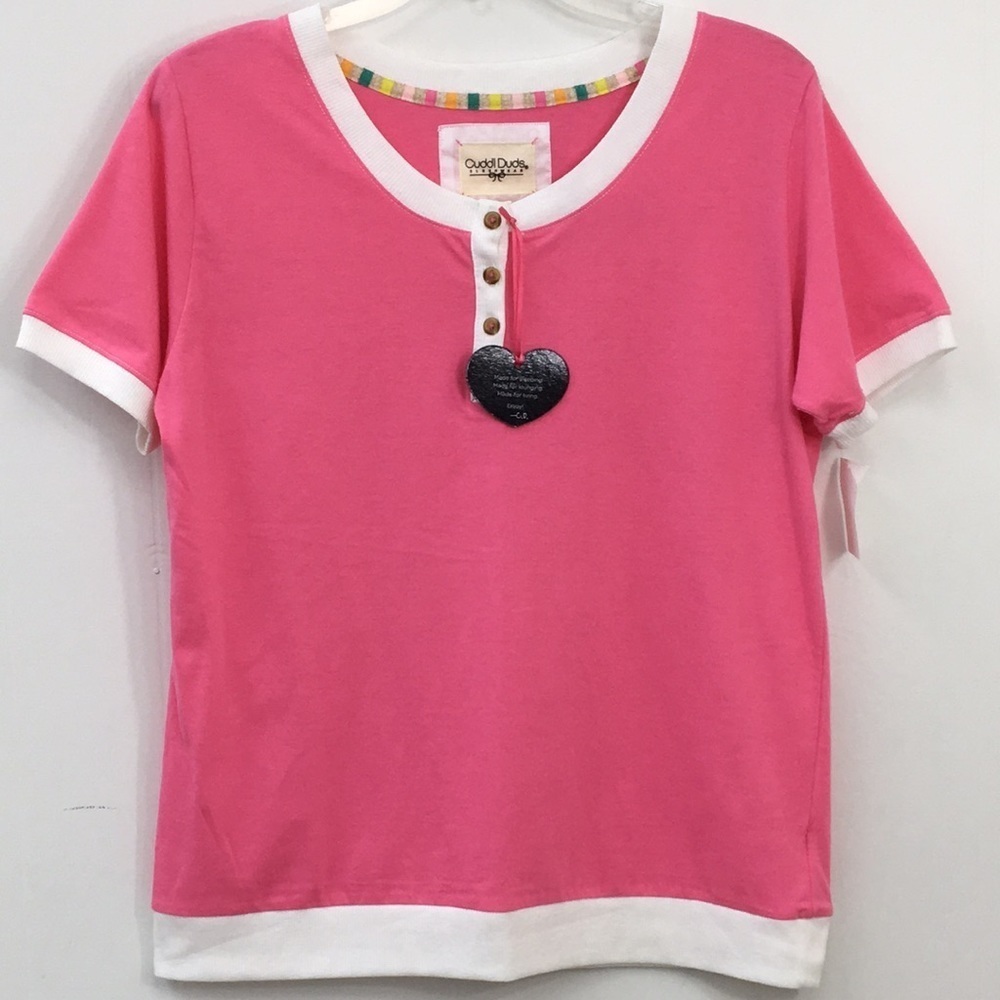 Cuddl Duds Sleep Wear Pink Short Sleeve Quarter Button Top Size M NEW With Tags